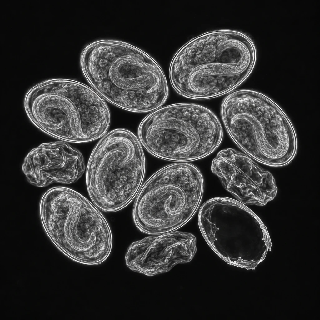 Microscope-style image of oval worm eggs on a dark field, some intact and some shrivelled