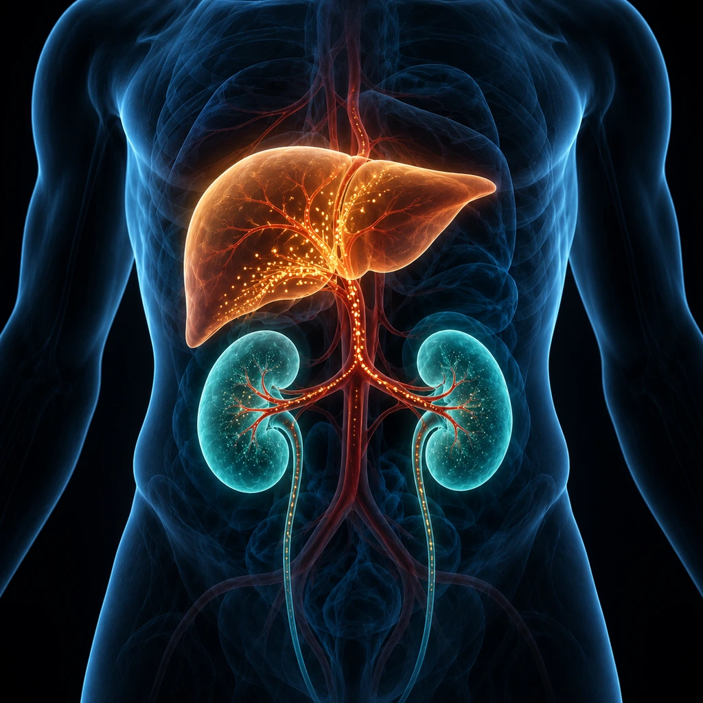 Torso illustration with the liver and kidneys highlighted against a dark background