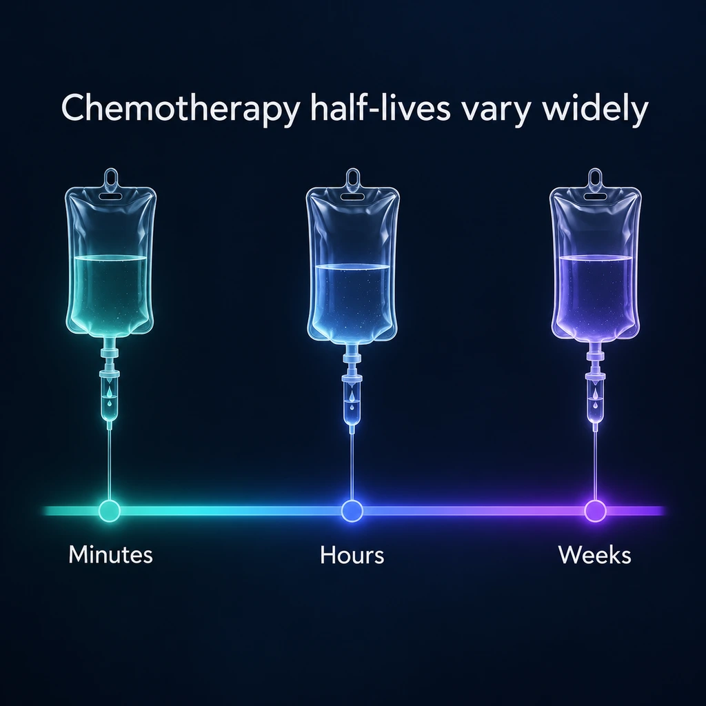Timeline infographic with three infusion bags labelled minutes, hours and weeks