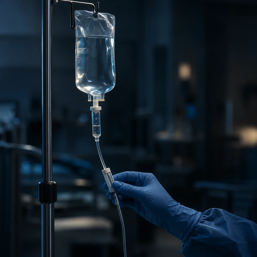 Gloved hand adjusting an infusion line under a hanging unlabelled infusion bag in a dark room