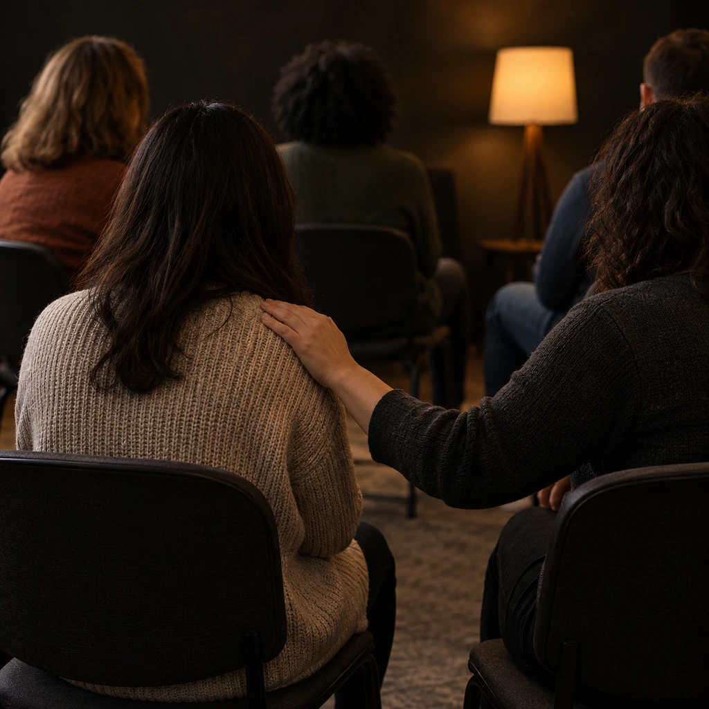 Anonymous people seen from behind sitting in a support group circle in a dim room