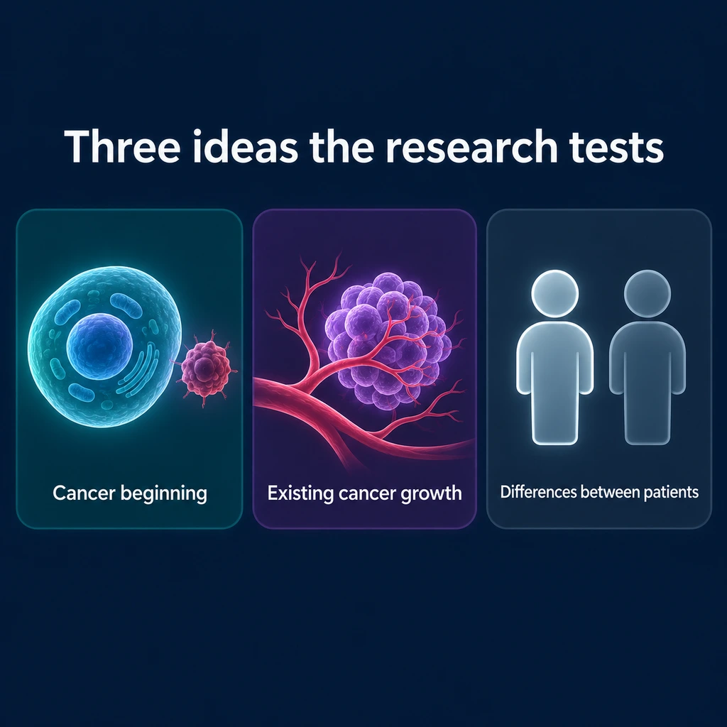 Three-panel infographic: cancer beginning, existing cancer growth, differences between patients