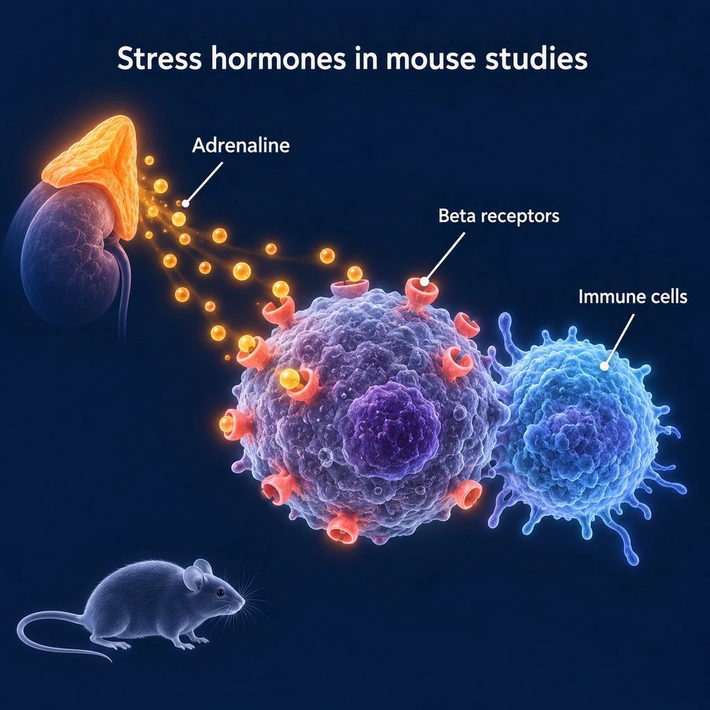 Illustration of stress hormones reaching receptors on a tumour cell and an immune cell