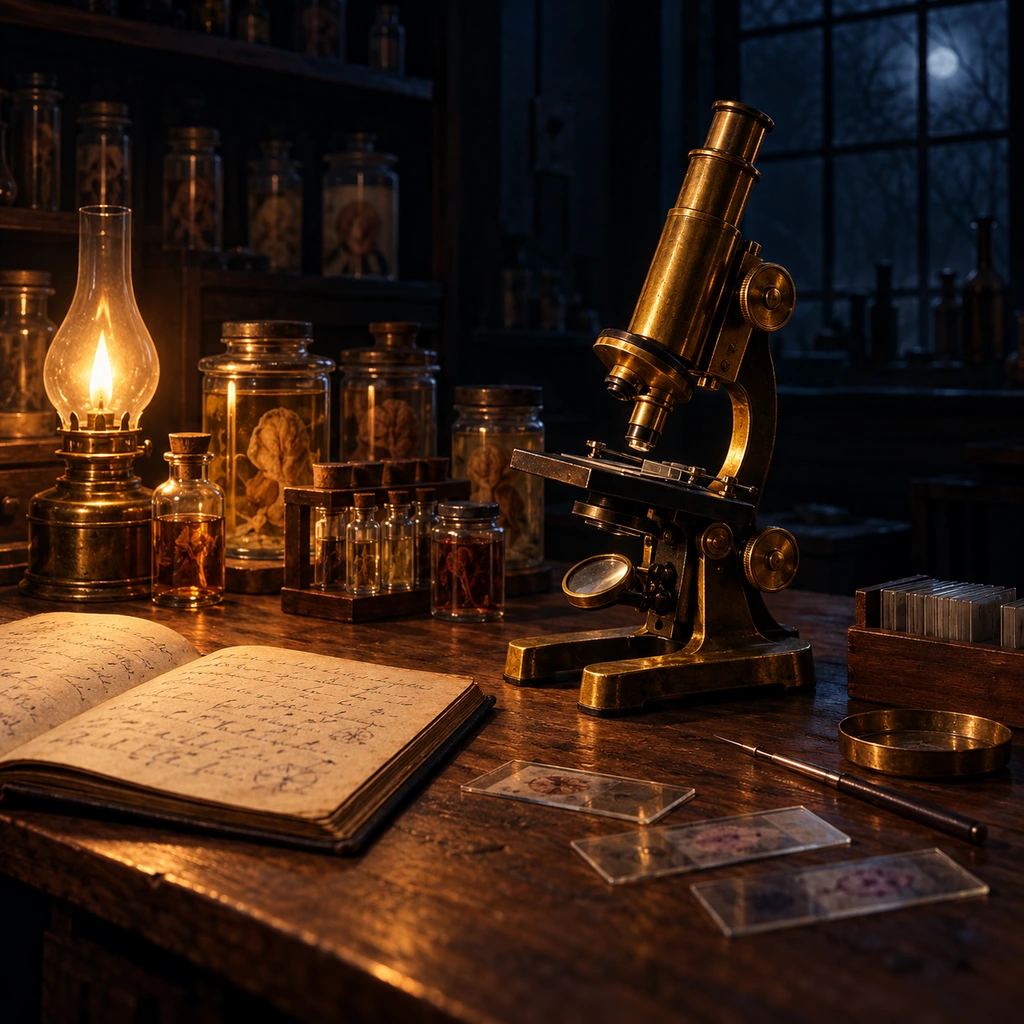 Dimly lit early laboratory bench with a brass microscope, specimen jars and glass slides