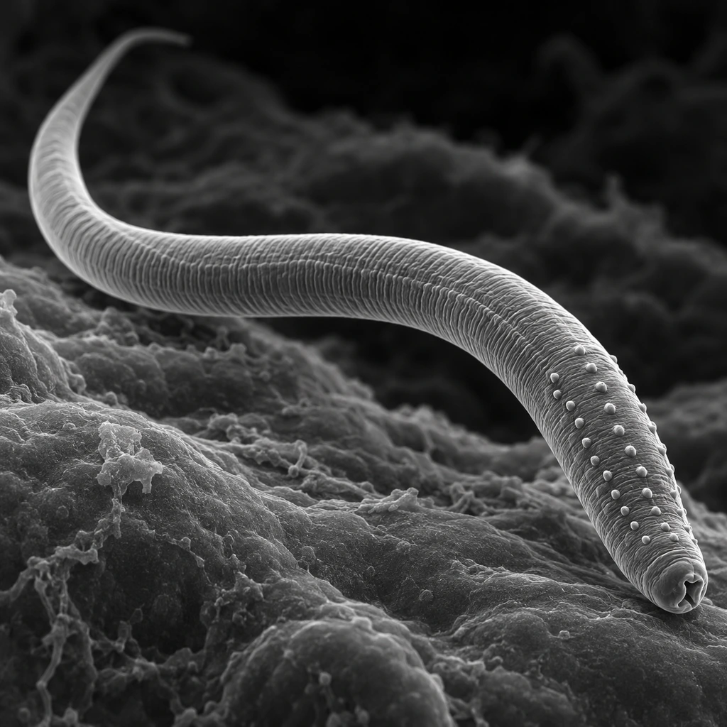 Electron-micrograph-style image of a slender, ridged roundworm on a dark field