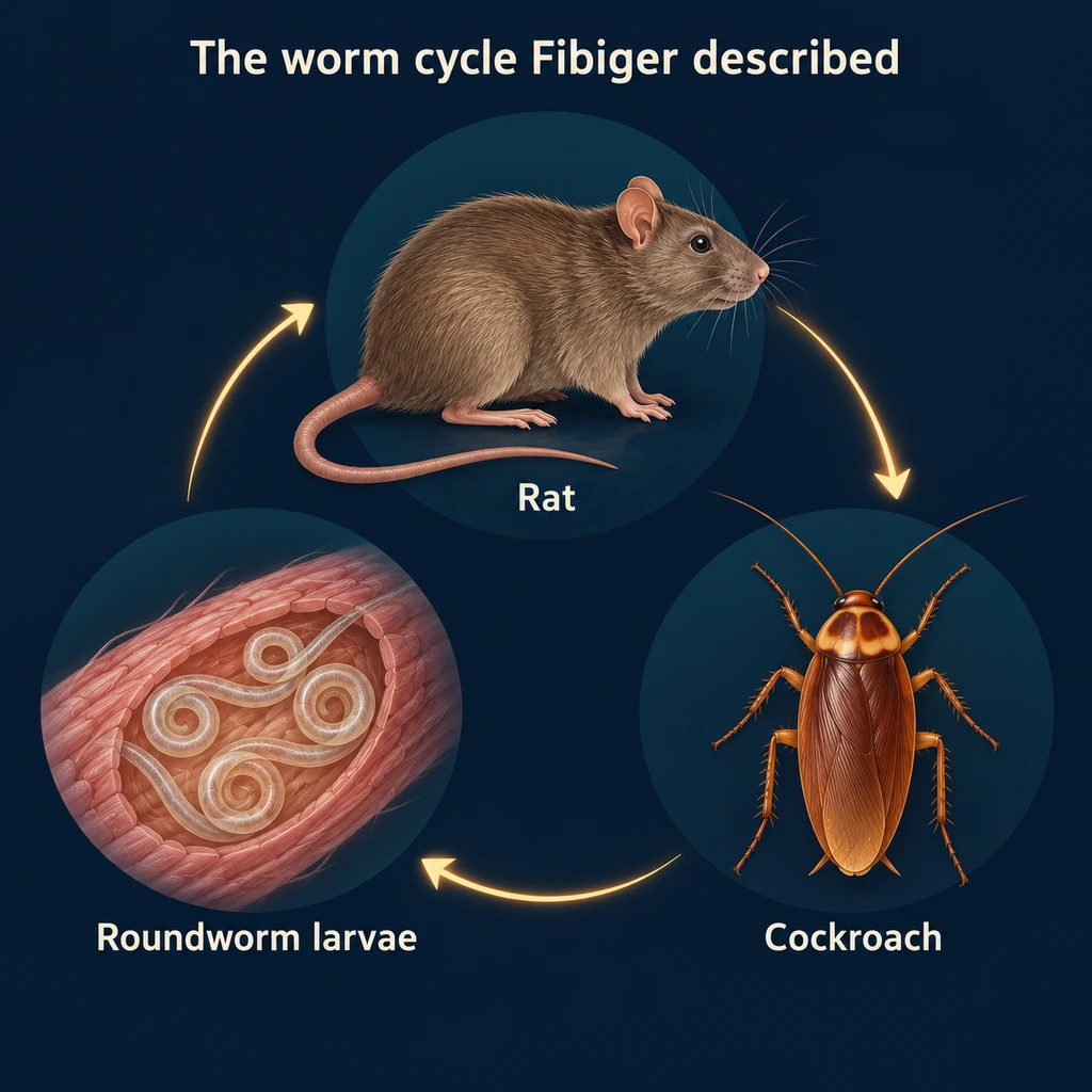 Life-cycle infographic linking a rat, a cockroach and roundworm larvae with curved arrows