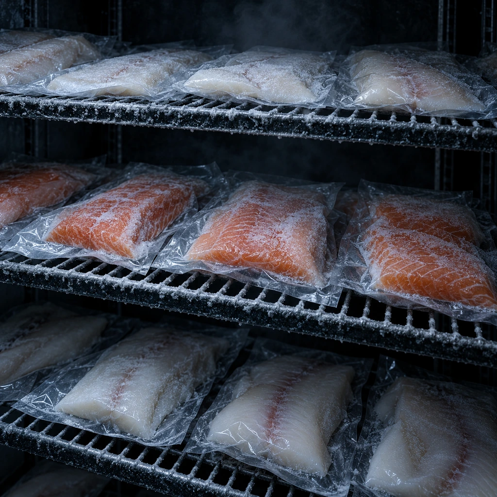 Frosted raw fish fillets on shelves in a commercial freezer