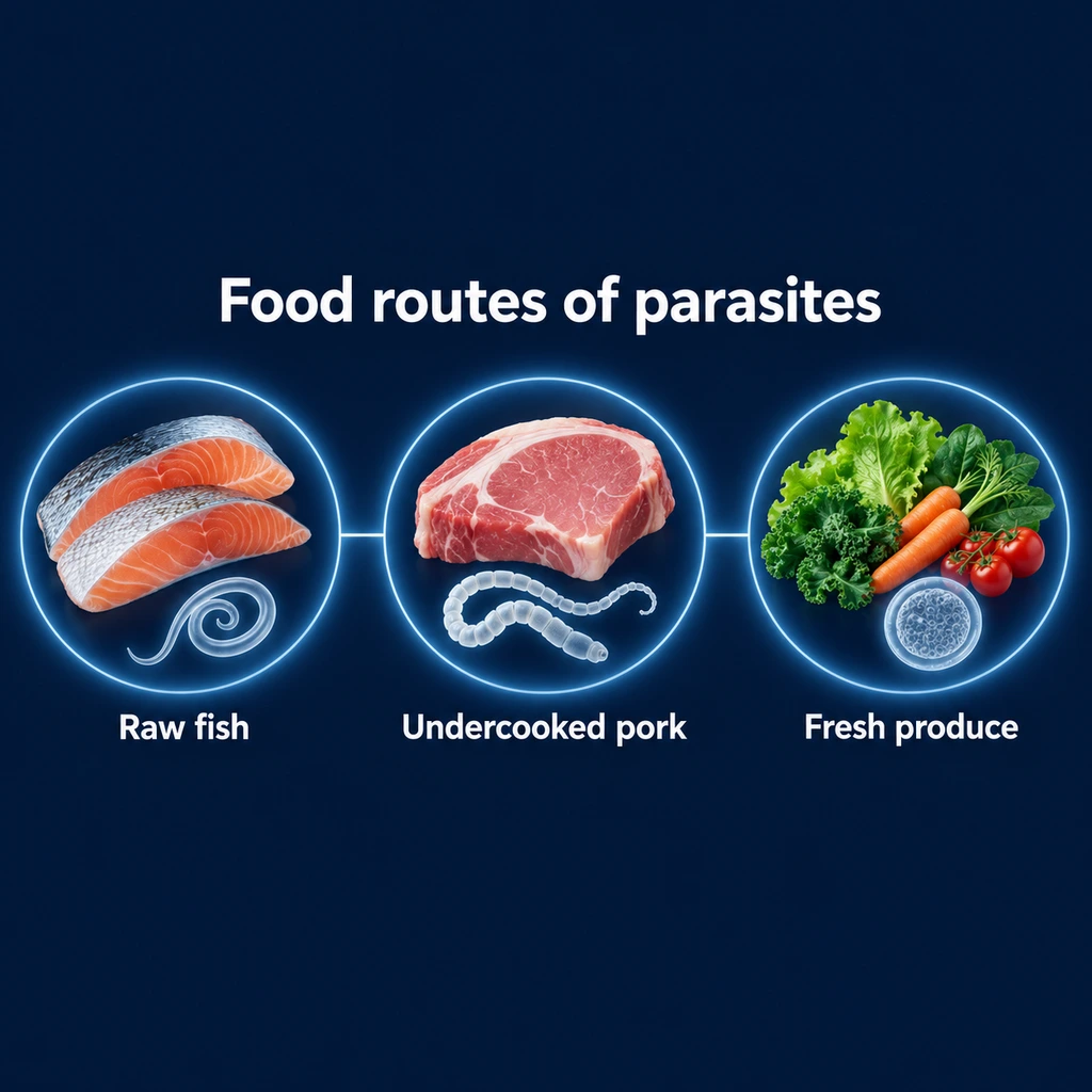 Infographic of raw fish, undercooked pork and fresh produce as food routes of parasites