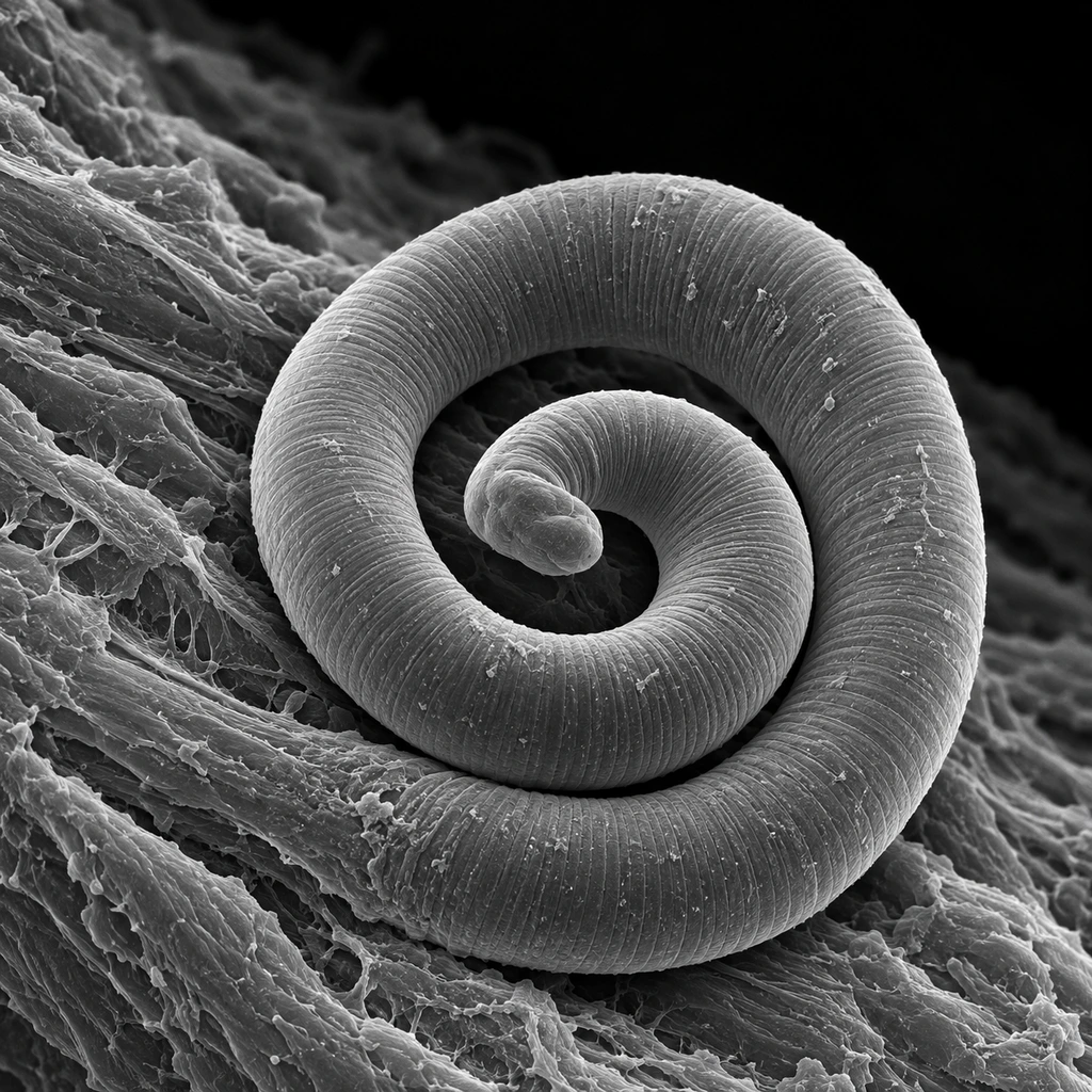 Electron-micrograph-style image of a coiled Anisakis larva on fish muscle