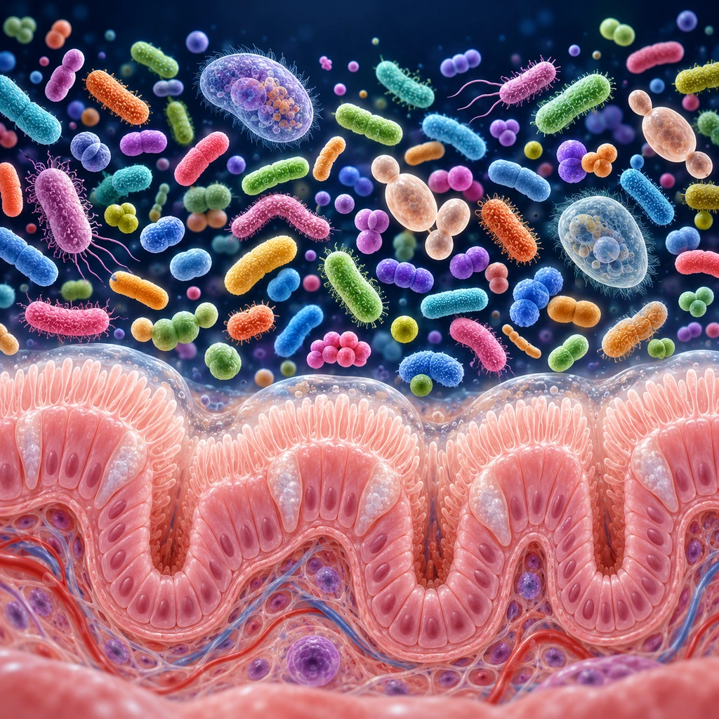 Illustration of many kinds of bacteria and yeasts living on the lining of the large intestine