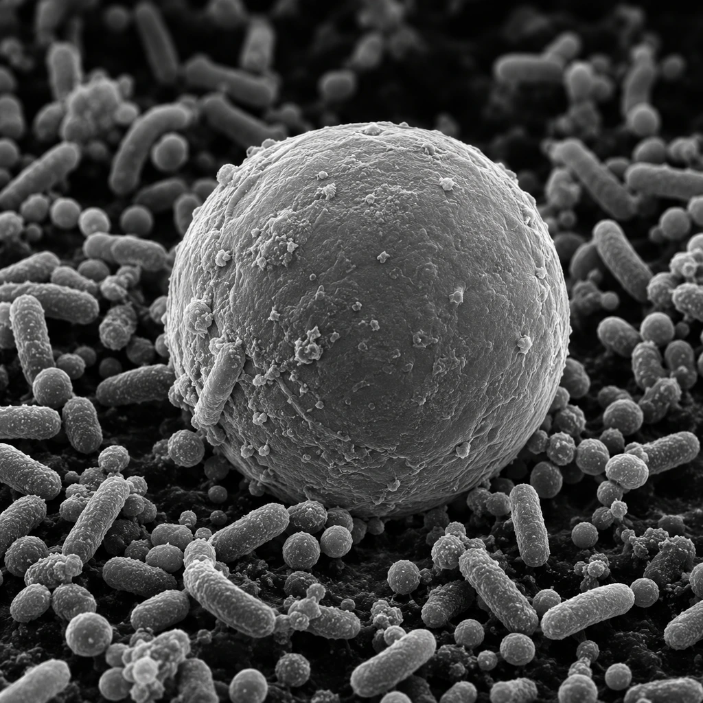 Electron-micrograph-style image of a round Blastocystis cell surrounded by gut bacteria