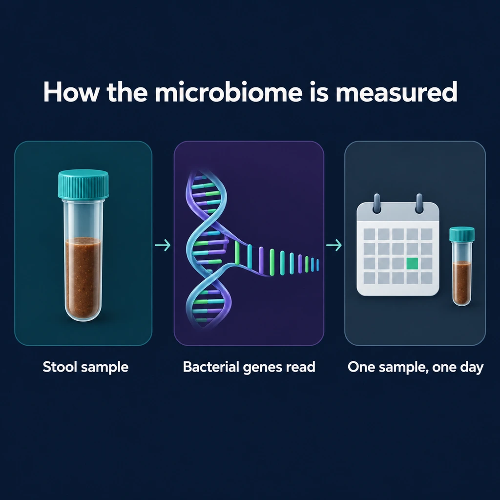 Three-step infographic: stool sample, bacterial genes read, one sample on one day