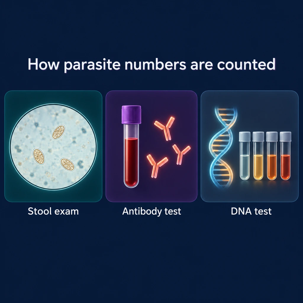 Three-panel infographic: stool exam, antibody test and DNA test as ways of counting parasites
