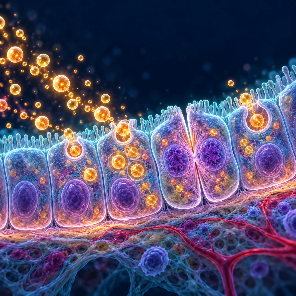 Illustration of tiny glowing vesicles being drawn into bile duct cells, one cell dividing
