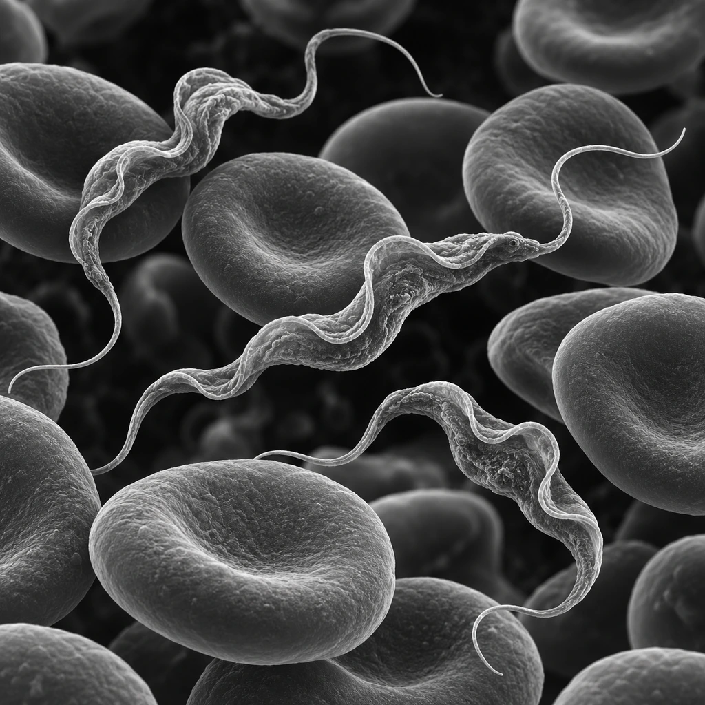 Electron-micrograph-style image of slender trypanosome parasites among red blood cells