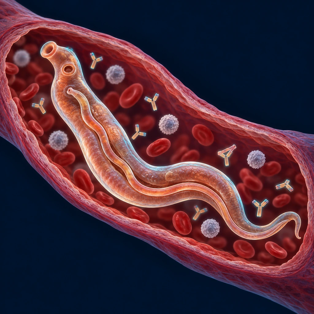 Illustration of a paired male and female blood fluke inside a blood vessel among immune cells
