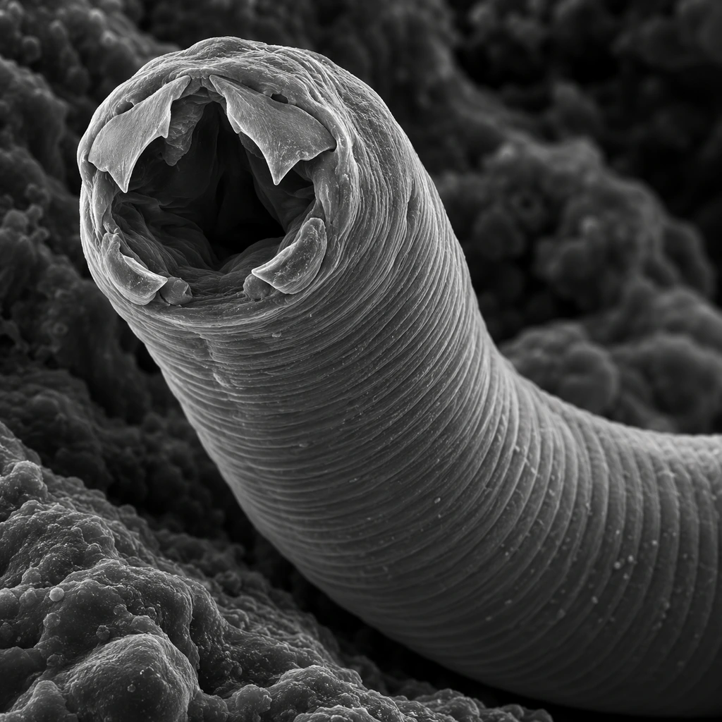 Electron-micrograph-style close-up of a hookworm's head with its mouth capsule