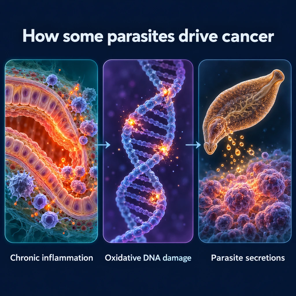 Three-panel infographic: chronic inflammation, oxidative DNA damage and parasite secretions leading toward cancer