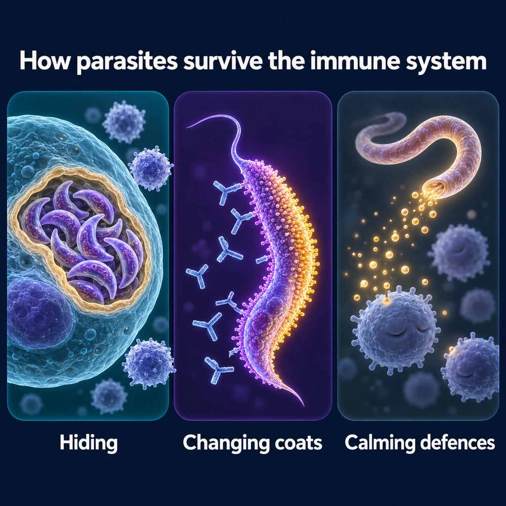 Three-panel infographic: parasites hiding in cysts, changing surface coats and calming immune cells
