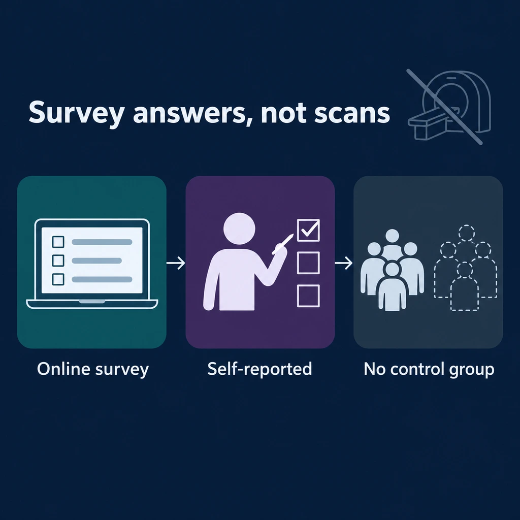 Three-panel infographic: online survey, self-reported answers, no control group