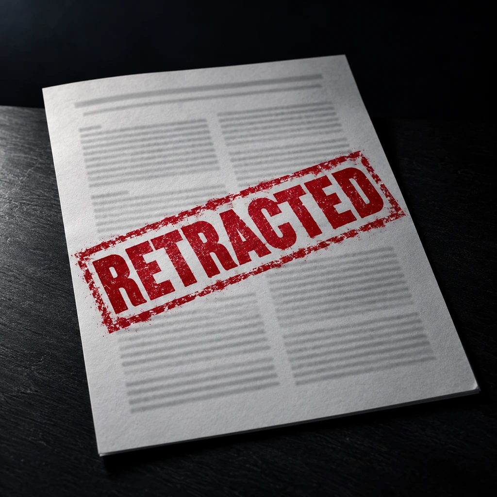 Unreadable printed research paper with a red retracted stamp across it on a dark desk