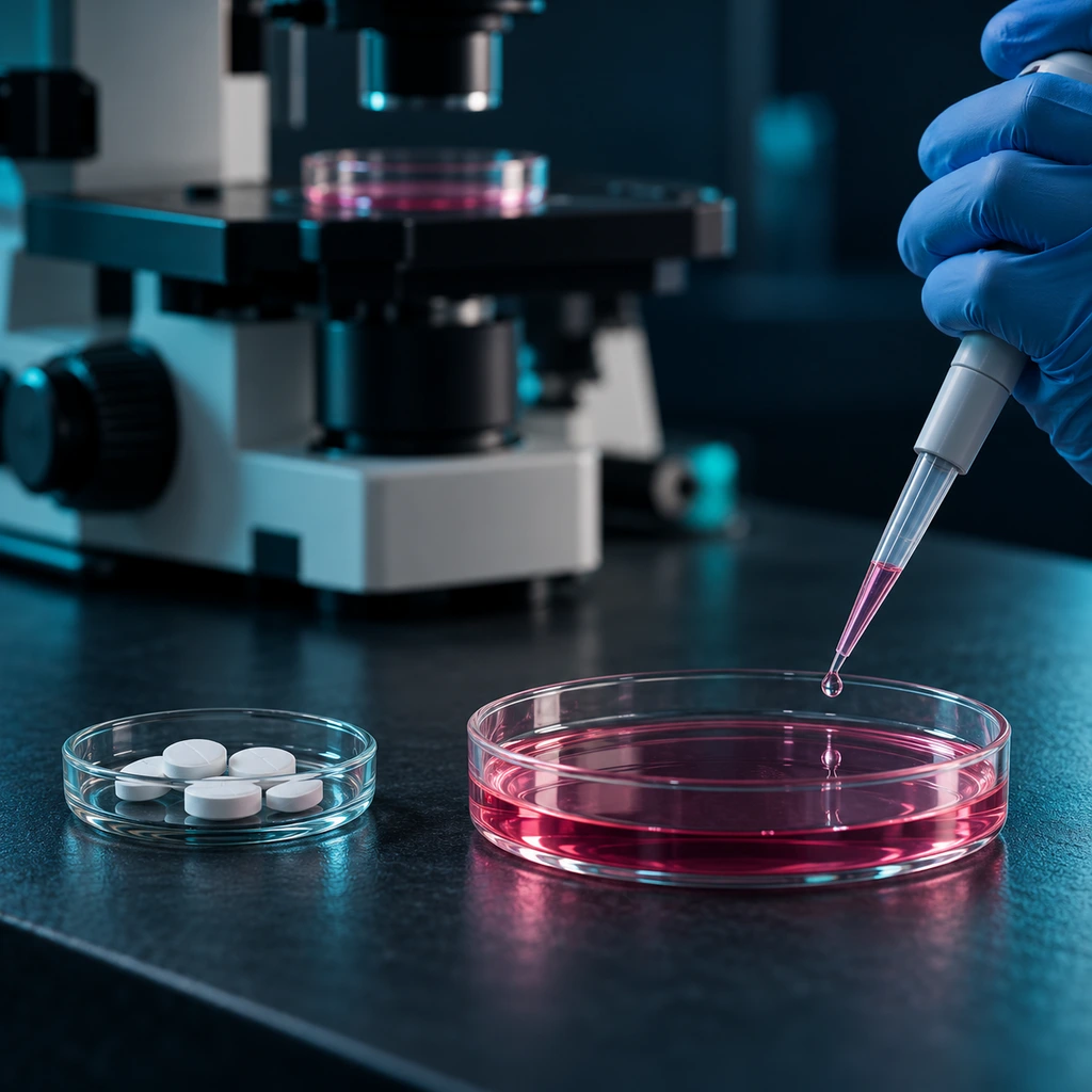 Plain white tablets beside a petri dish of cell culture on a dark laboratory bench