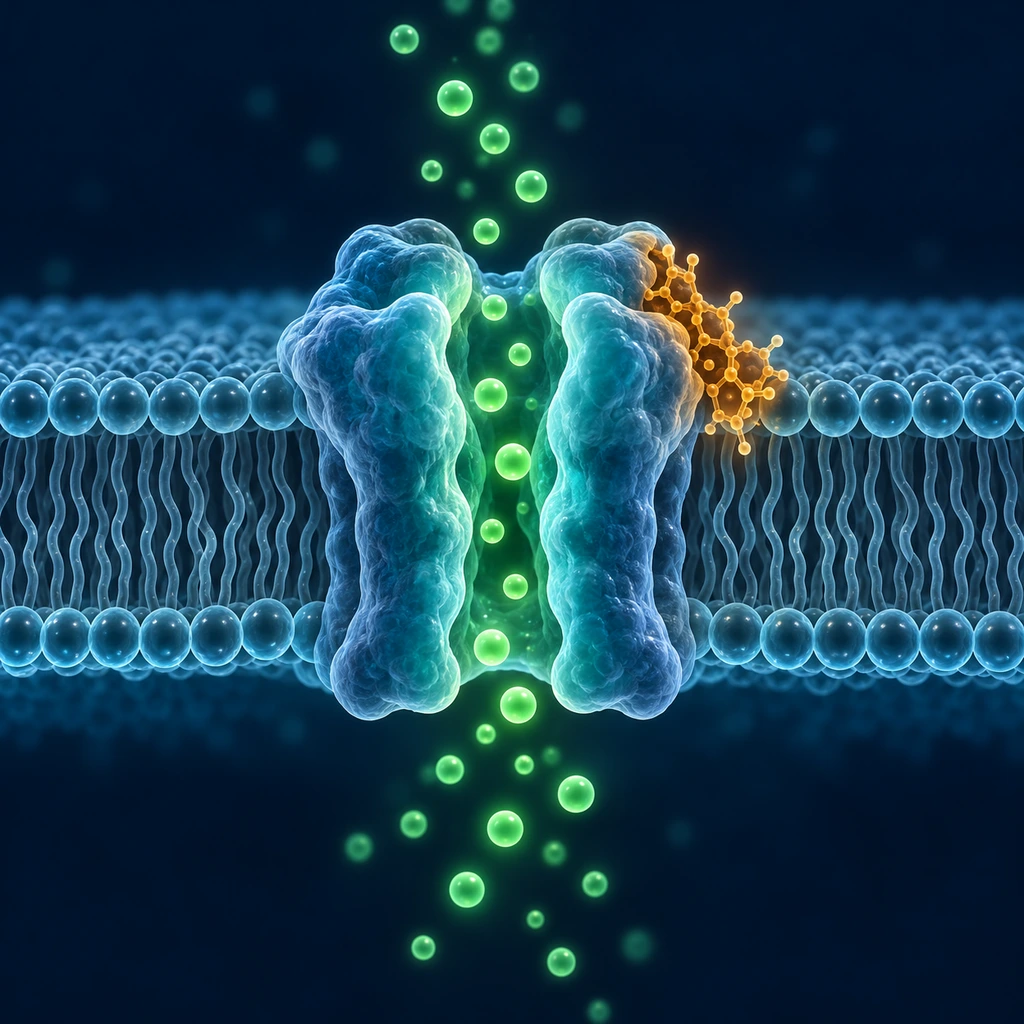 Illustration of an opened ion channel in a worm nerve membrane with chloride ions flowing in