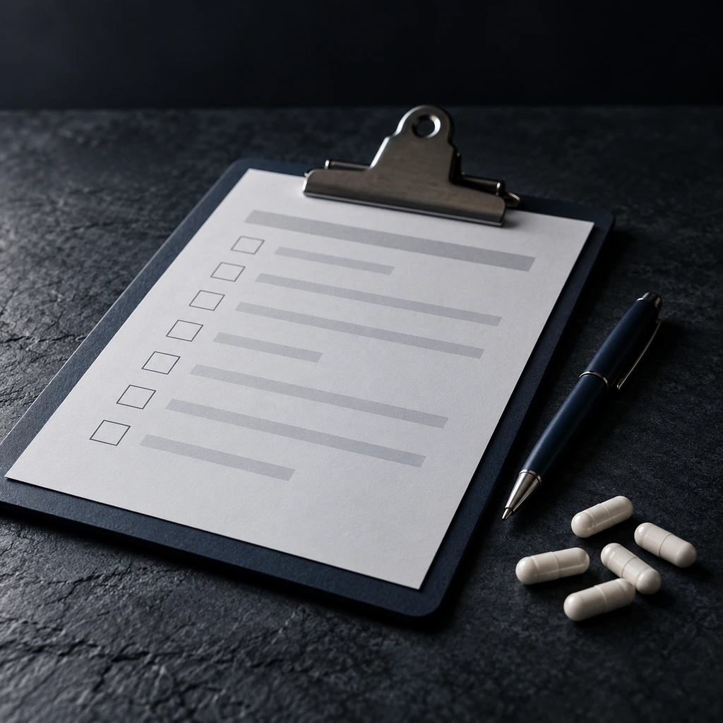 Blank survey form on a clipboard beside a few plain white capsules on dark slate
