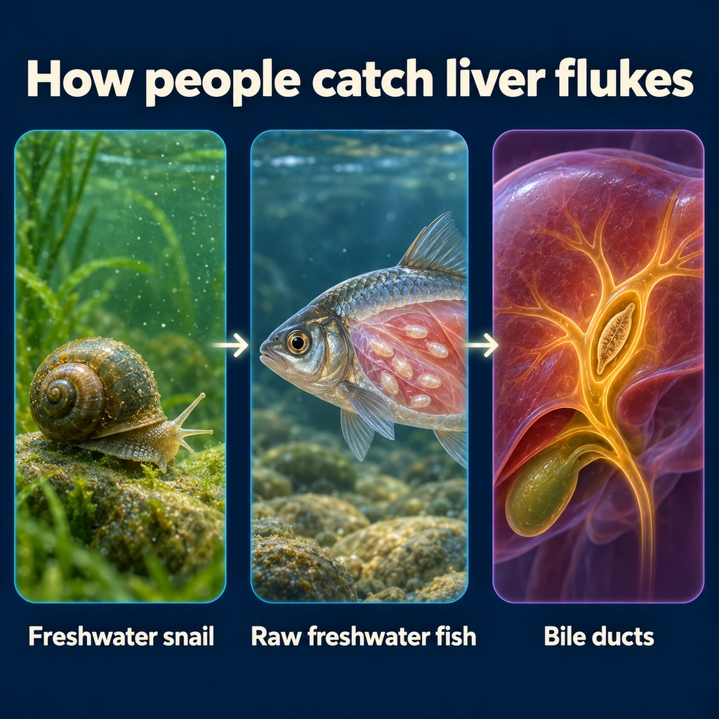 Life-cycle infographic: freshwater snail, raw freshwater fish, and flukes in the bile ducts