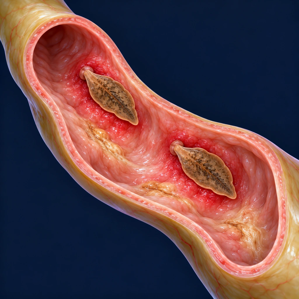 Cutaway of a bile duct with two leaf-shaped flukes attached to its inflamed lining
