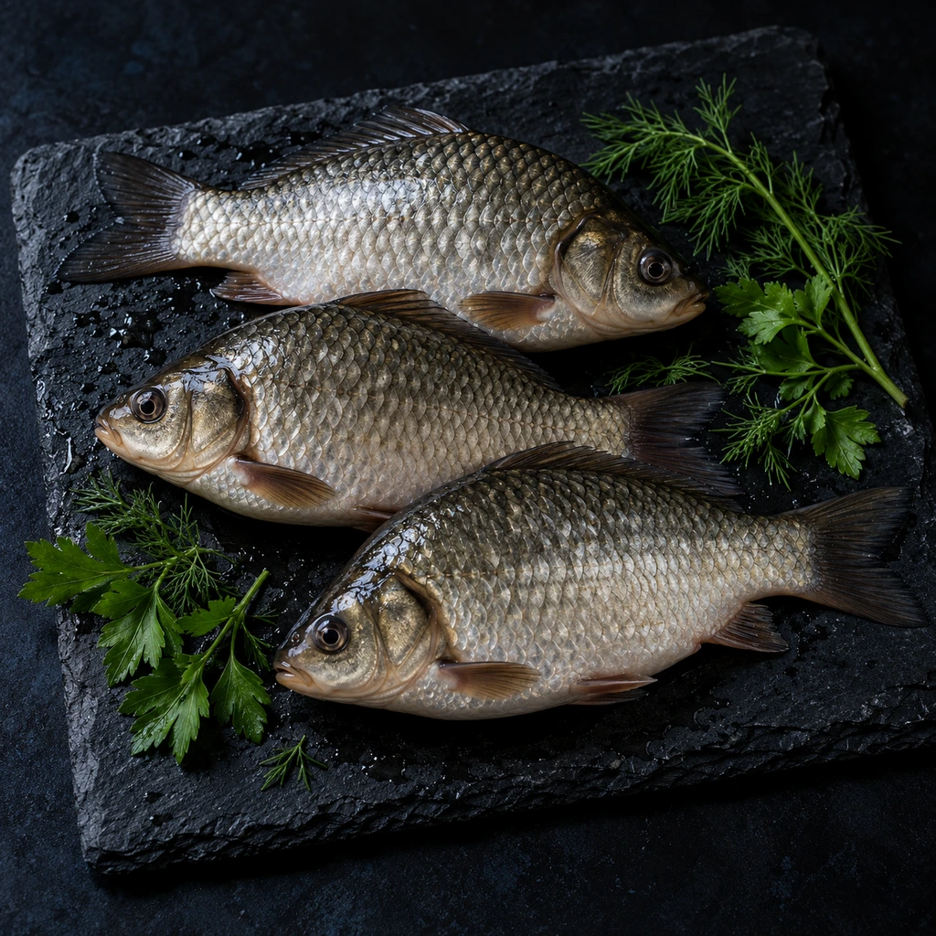 Small raw silvery freshwater fish on a dark slate board