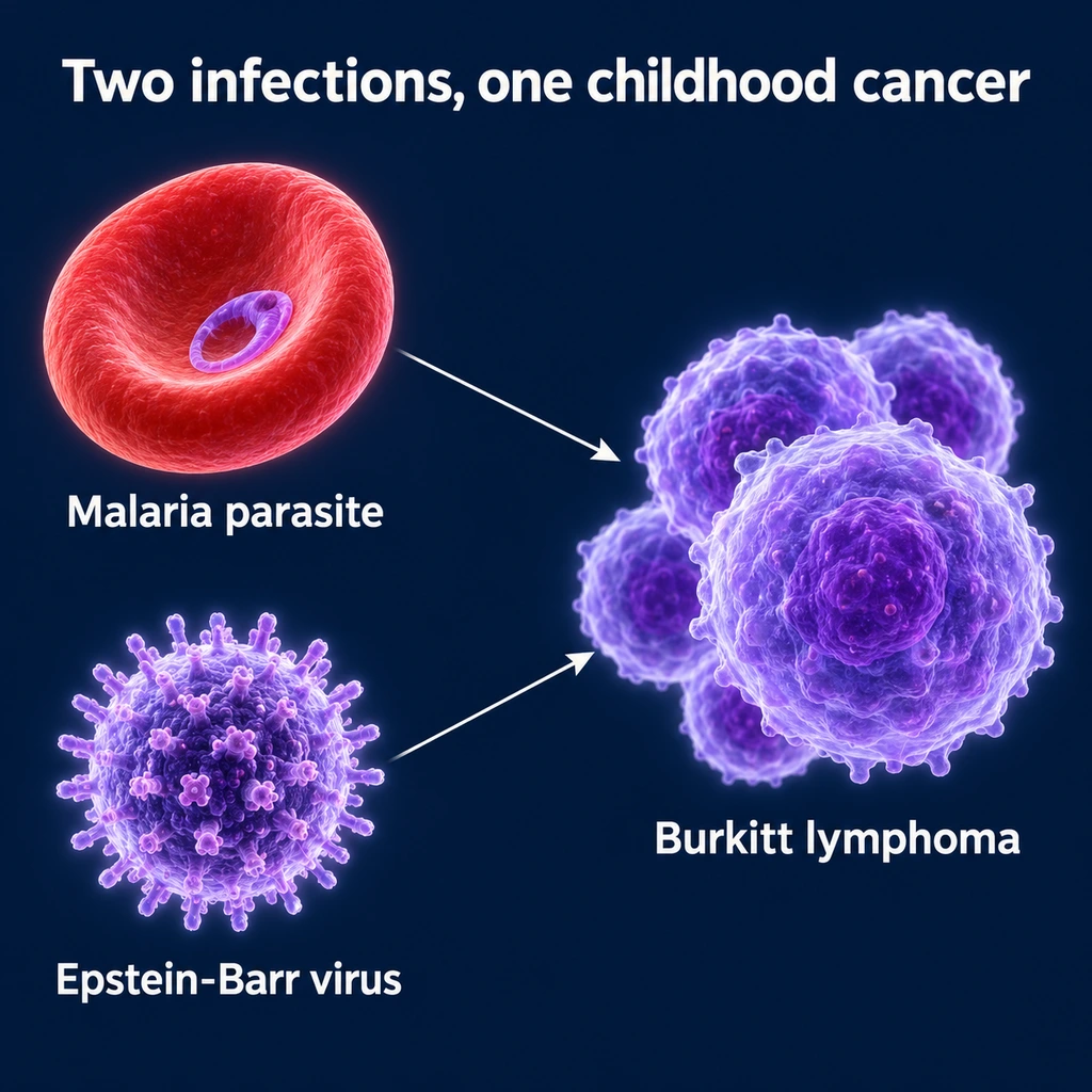 Infographic: malaria parasite and Epstein-Barr virus arrows meeting at Burkitt lymphoma cells