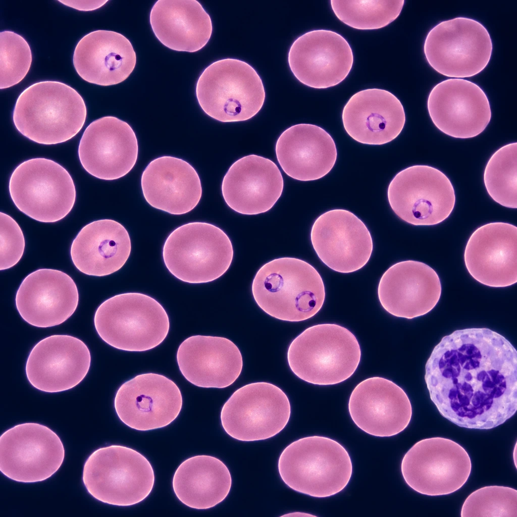 Stained blood smear showing red blood cells with ring-shaped malaria parasites