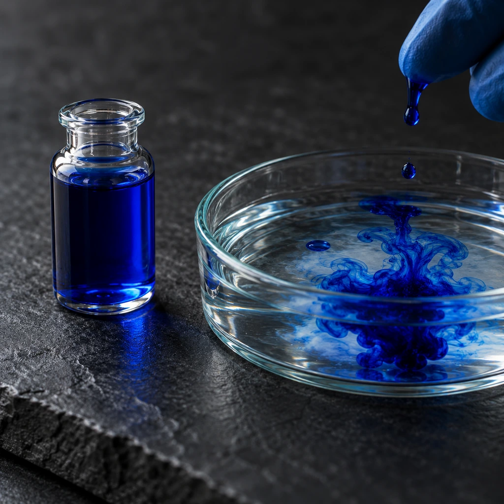Glass vial of deep blue liquid beside a dish of water with blue dye spreading