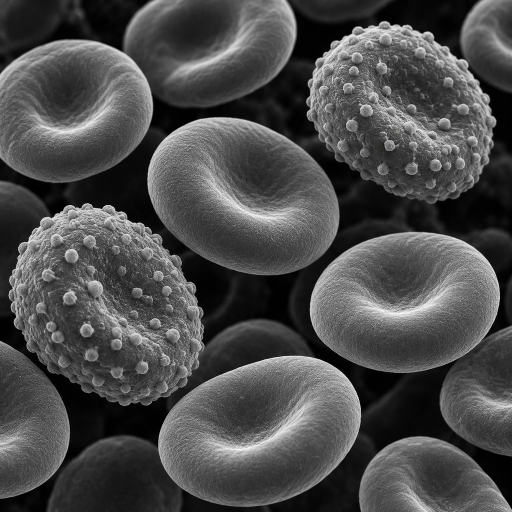 Electron-micrograph-style image of red blood cells, some with knobby surfaces from malaria infection