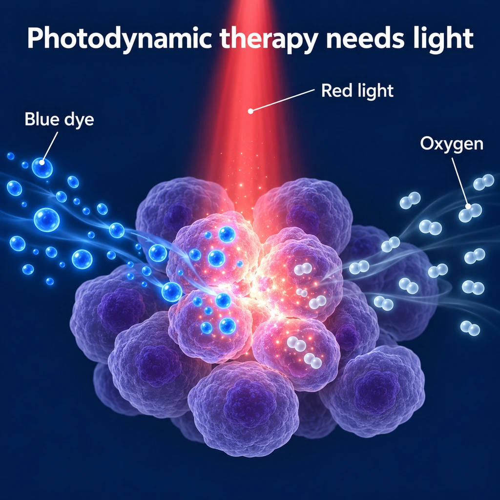Infographic: blue dye, red light and oxygen meeting at cancer cells in photodynamic therapy