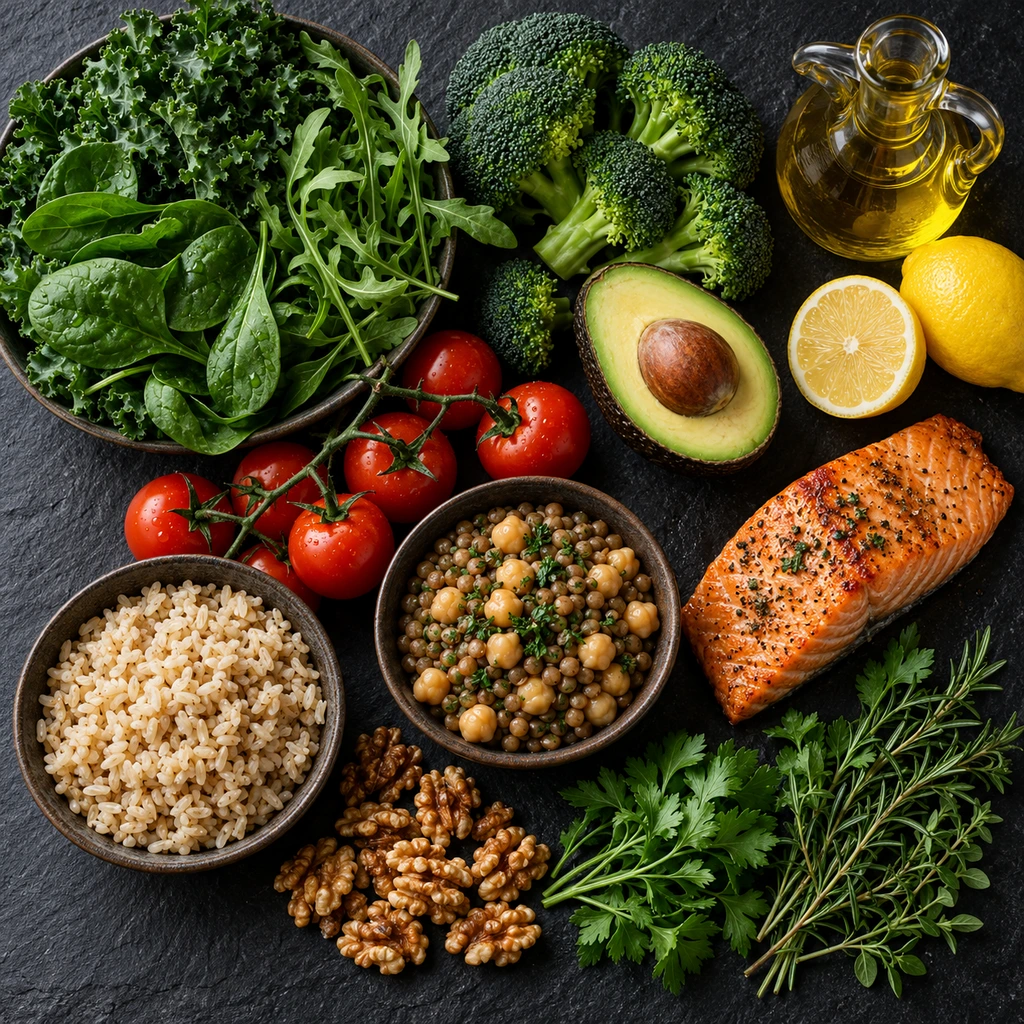 Whole foods including greens, brown rice, lentils, salmon and olive oil on a dark table