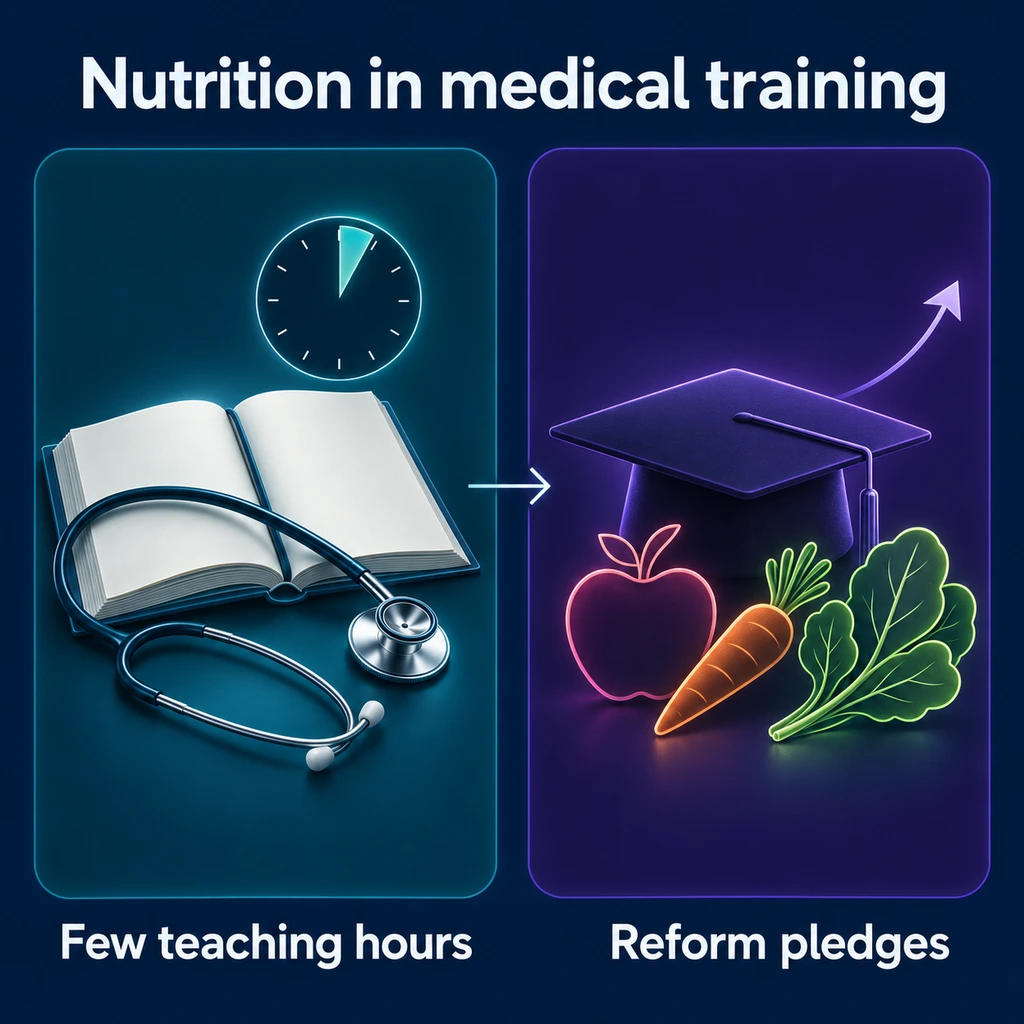 Infographic of a medical textbook with few teaching hours and later nutrition training pledges