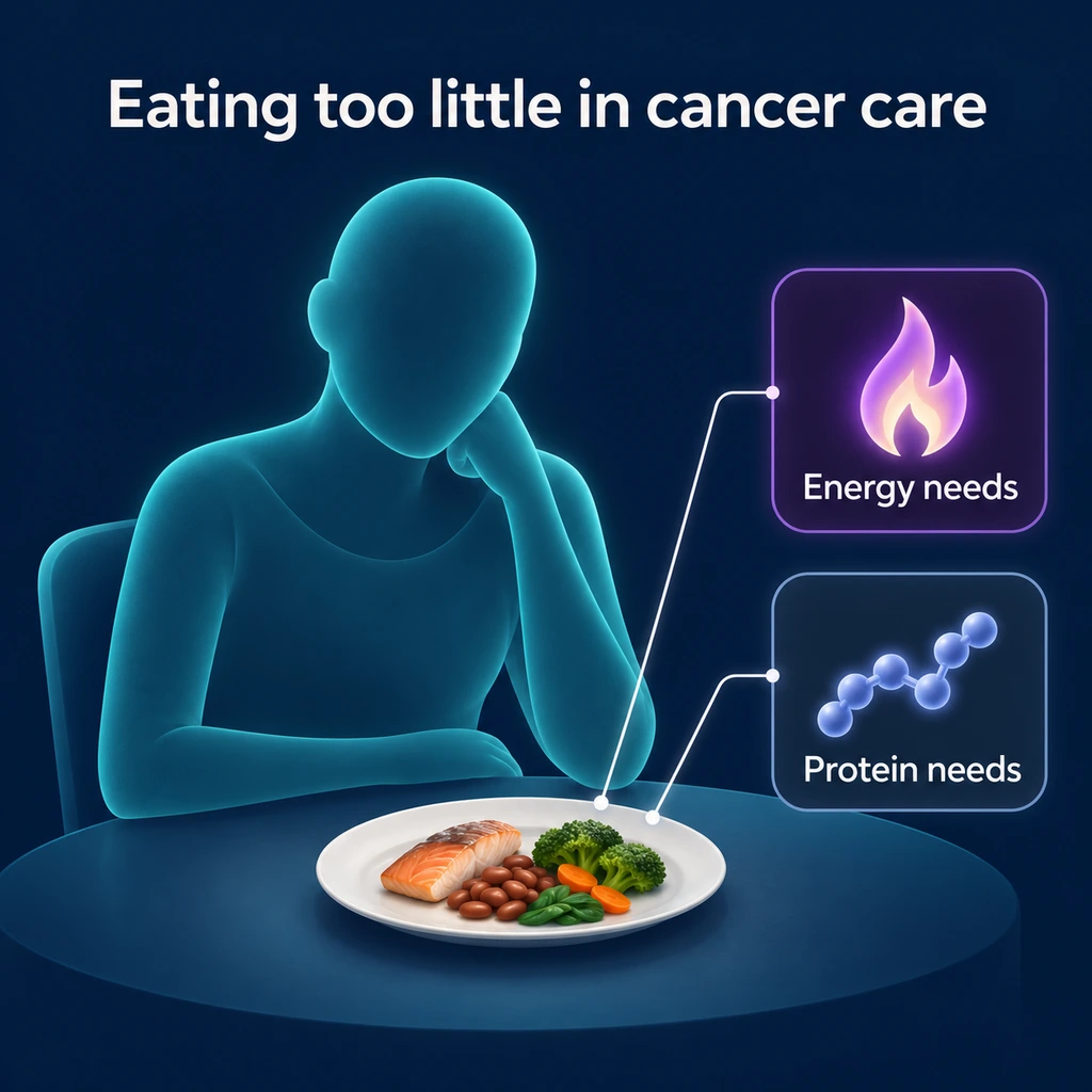 Seated silhouette beside a plate, with energy and protein needs labelled