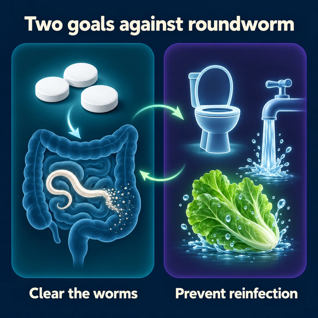 Infographic: tablets clearing worms on one side, sanitation icons preventing reinfection on the other