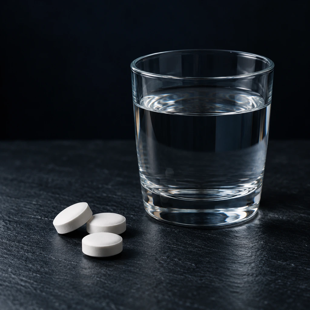 Plain white tablets and a glass of water on a dark slate surface