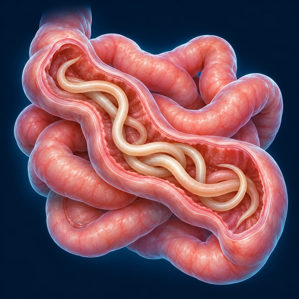 Cutaway of the small intestine with several long pale roundworms inside