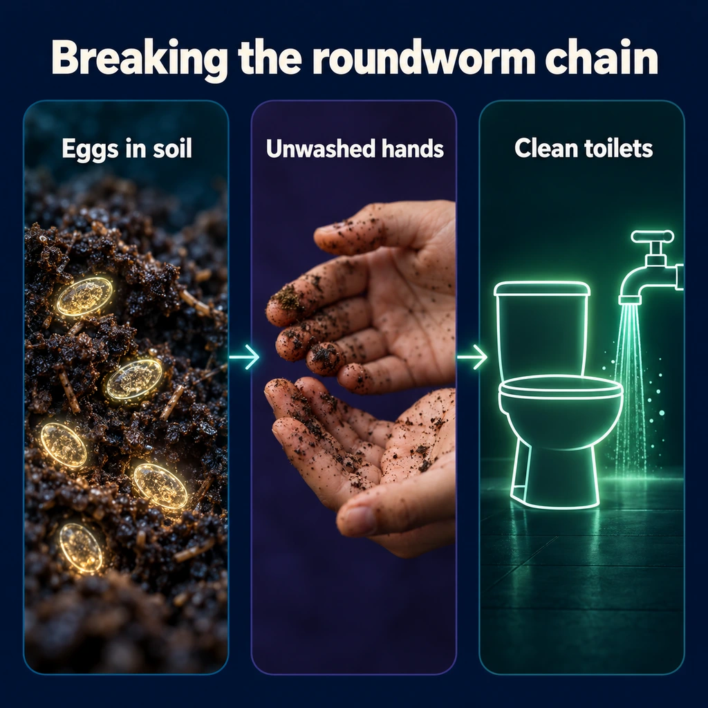 Infographic: roundworm eggs in soil, unwashed hands, and clean toilets breaking the chain