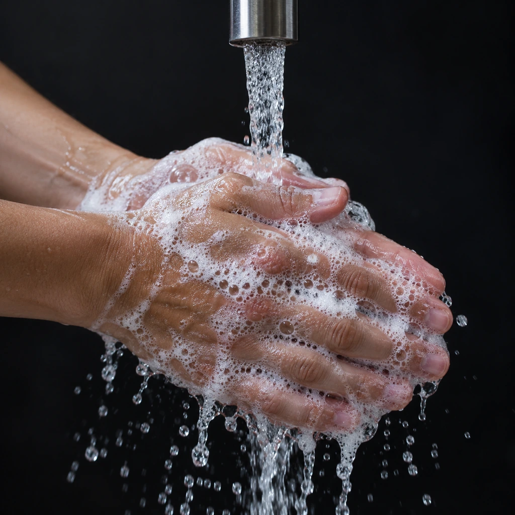 Hands lathered with soap under running water on a dark background