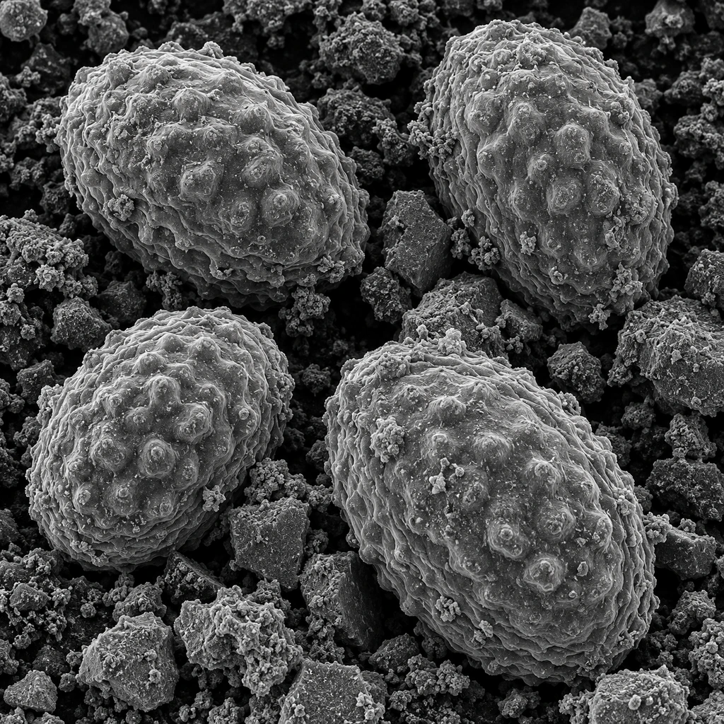 Micrograph-style view of bumpy, thick-shelled roundworm eggs among soil particles