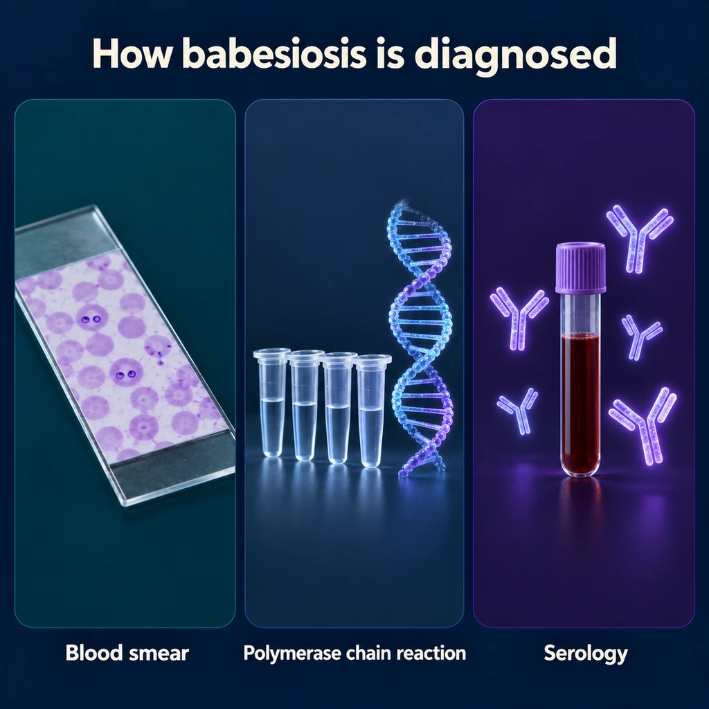 Infographic: blood smear slide, polymerase chain reaction tubes, and antibody serology