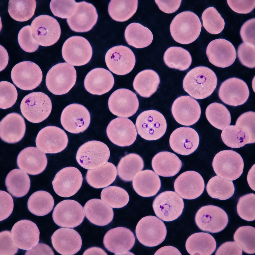 Stained blood smear with ring-shaped parasites and a four-part cross inside red cells