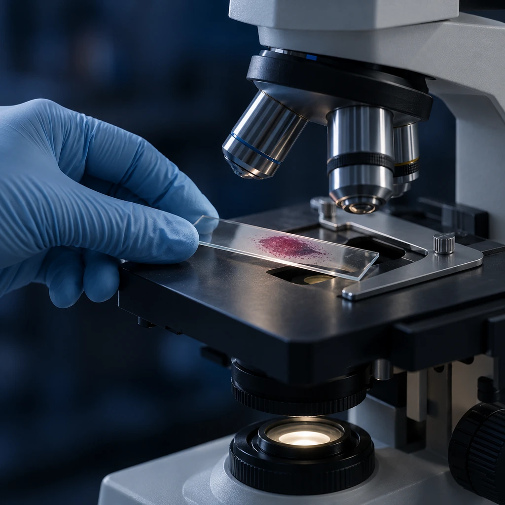 Gloved hand placing a blood slide under a microscope in a dark lab
