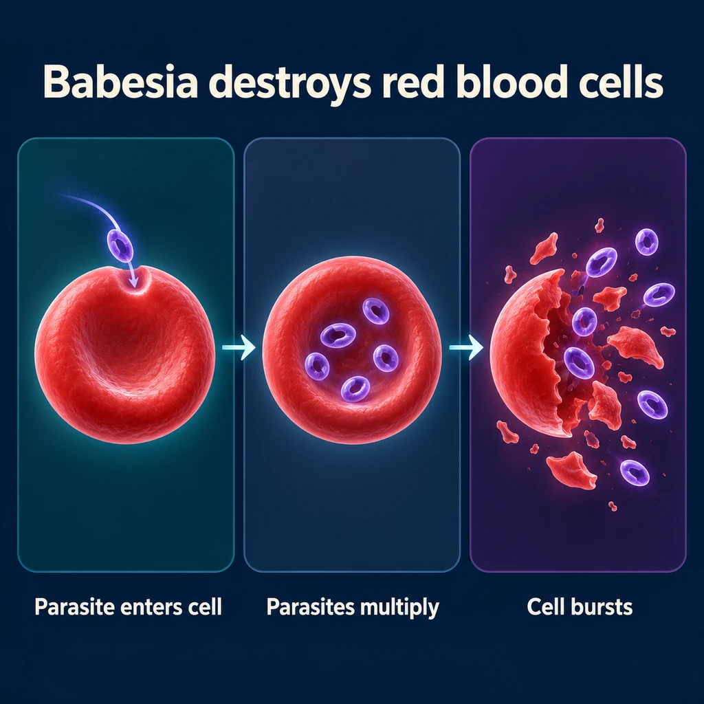 Infographic: parasite entering a red blood cell, multiplying, and the cell bursting