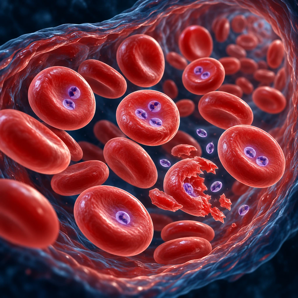 Red blood cells in a vessel, some holding purple parasites and some breaking apart